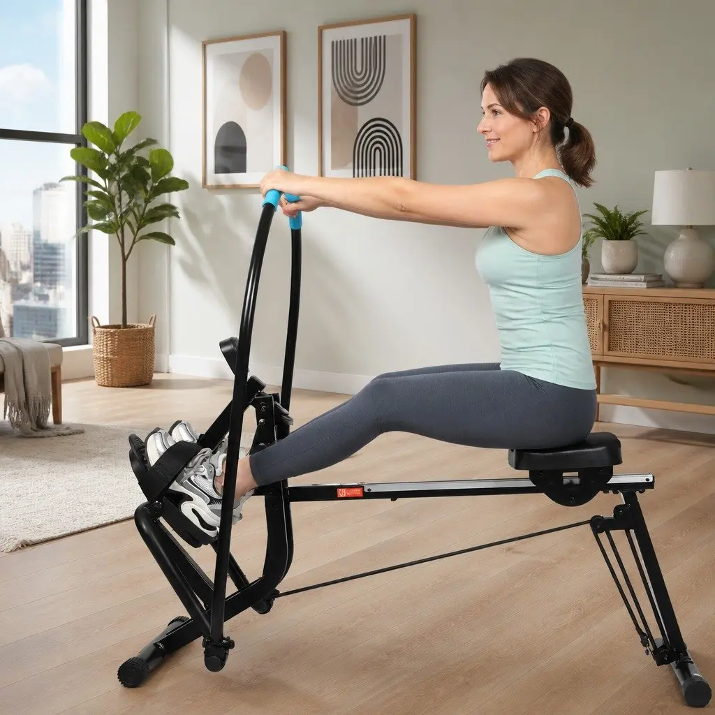 2-in-1 Rowing Machine Leg Press Home Gym Full Body Workout Black