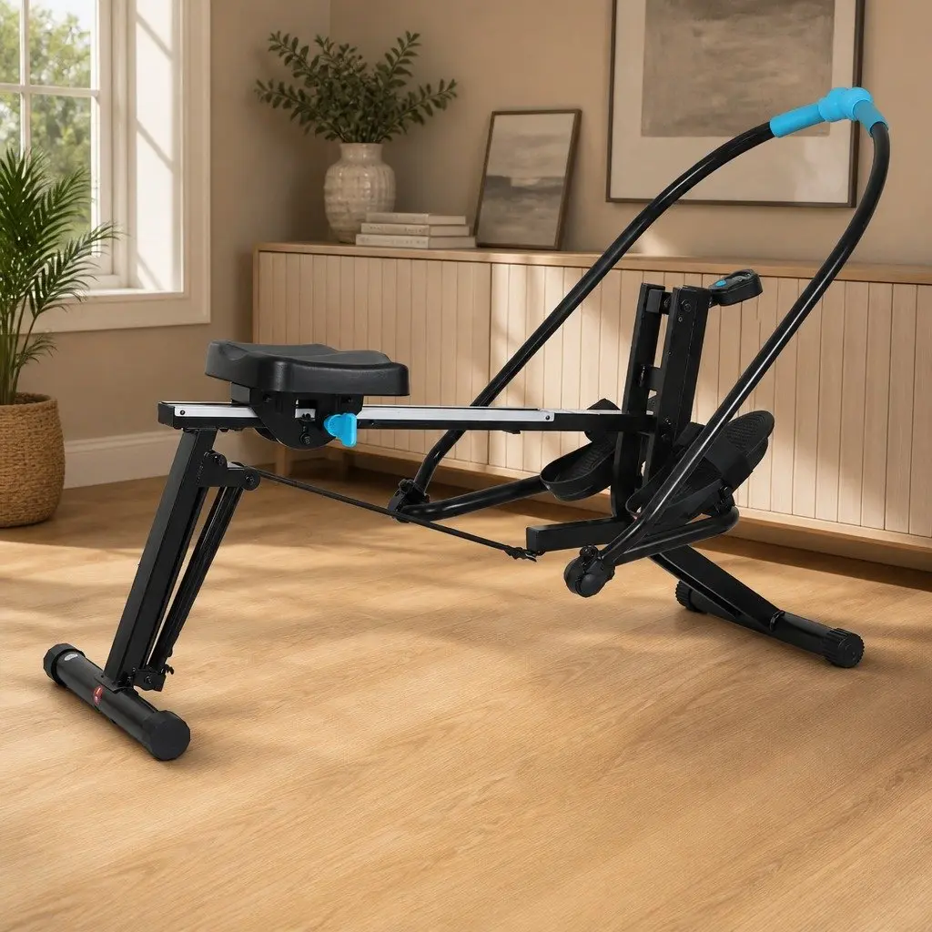 2-in-1 Rowing Machine Leg Press Home Gym Full Body Workout Black