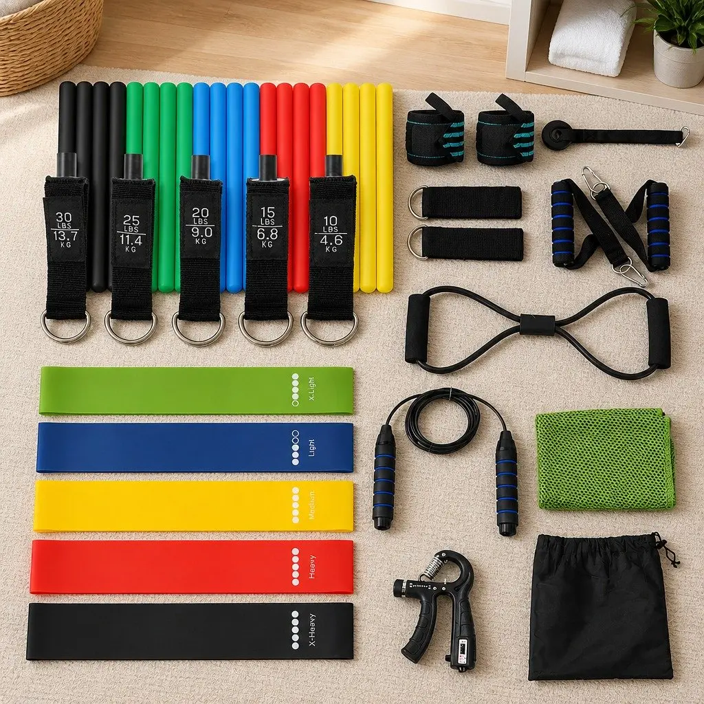 Resistance Bands Set Home Workout Kit with Jump Rope Door Anchor Multi-Colour