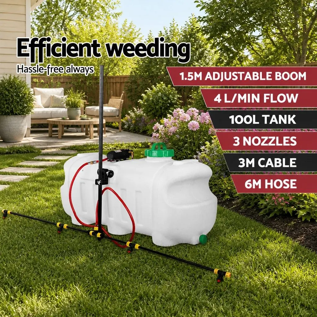 100L Weed Sprayer Tank Boom Spray Gun Garden Herbicide Adjustable Nozzles ATV Quad Mounted White