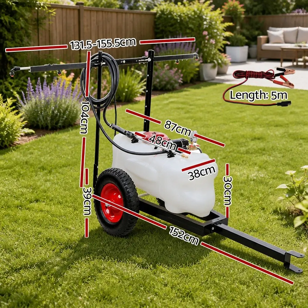 Weed Sprayer 60L Tank Trailer Rear Boom Spray Gun 12V Pump Garden Herbicide Black