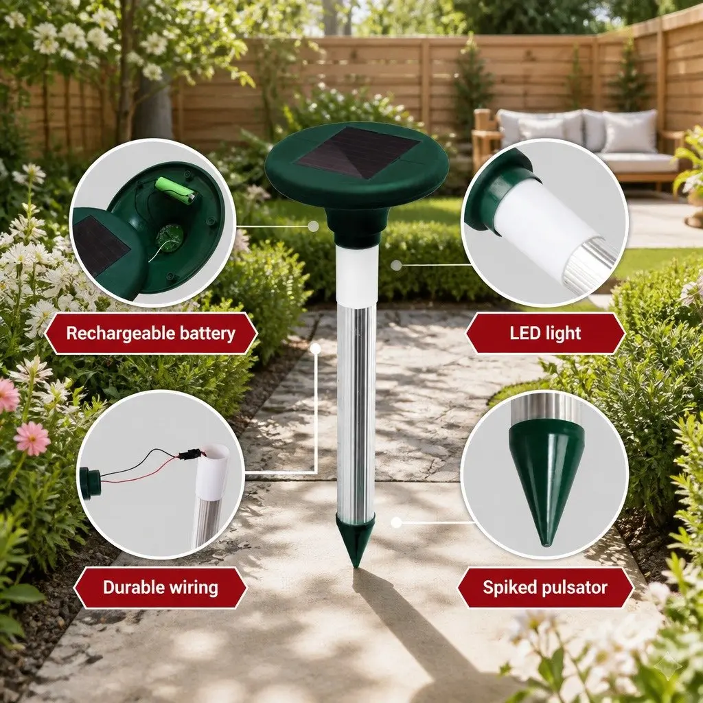 Solar LED Snake Repeller Ultrasonic Pest Deterrent 4 Piece Garden Yard Farm