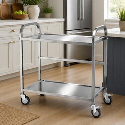 2-Tier Stainless Steel Kitchen Trolley with Lockable Wheels Mobile Bench Cart