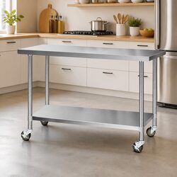Stainless Steel Kitchen Bench with Wheels 1524x610mm Adjustable Shelf Work Table