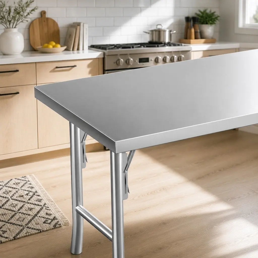Stainless Steel Work Bench Food Prep Table Foldable Adjustable Feet Silver 122 x 61 x 89 cm
