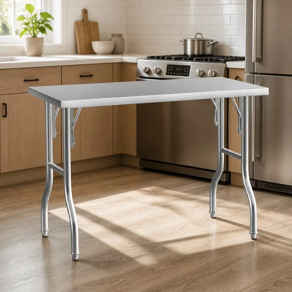 Stainless Steel Work Bench Food Prep Table Foldable Adjustable Feet Silver 122 x 61 x 89 cm