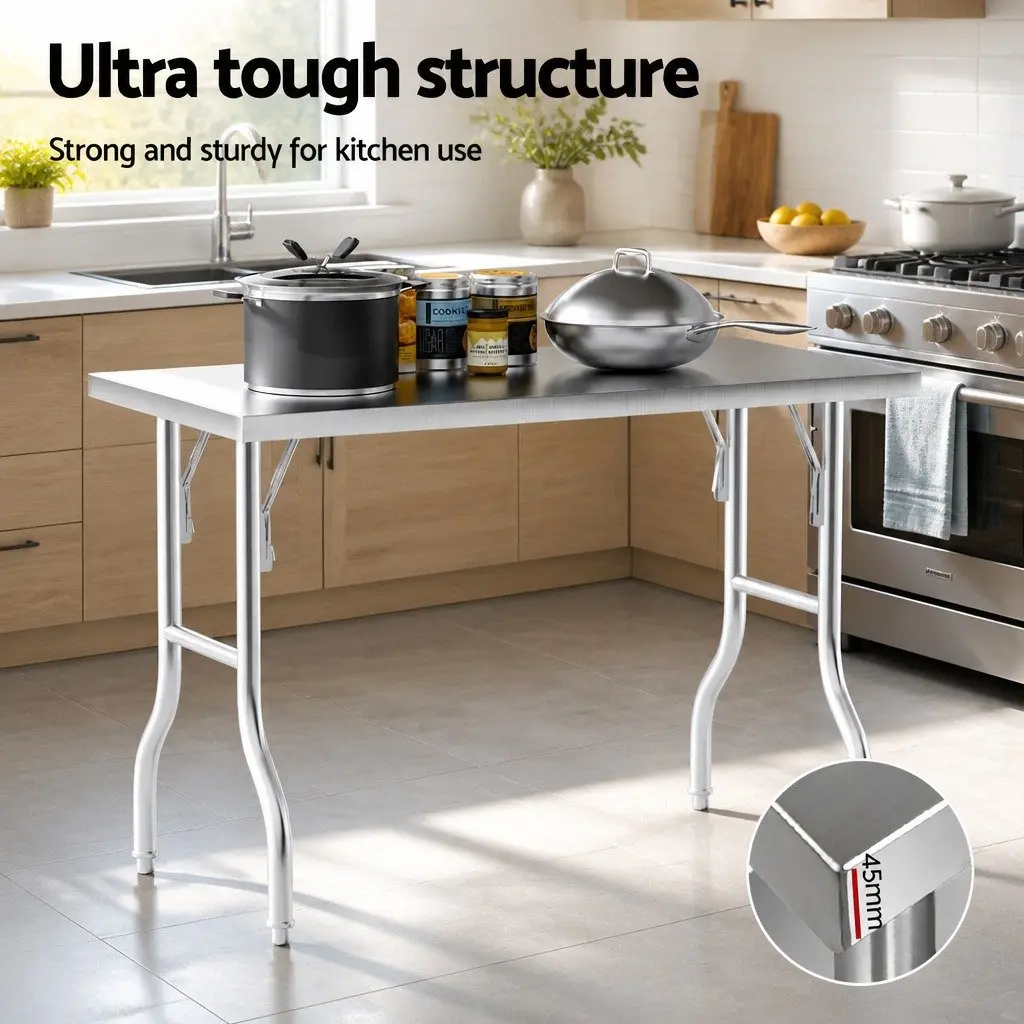 Stainless Steel Work Bench Food Prep Table Foldable Adjustable Feet Silver 122 x 61 x 89 cm
