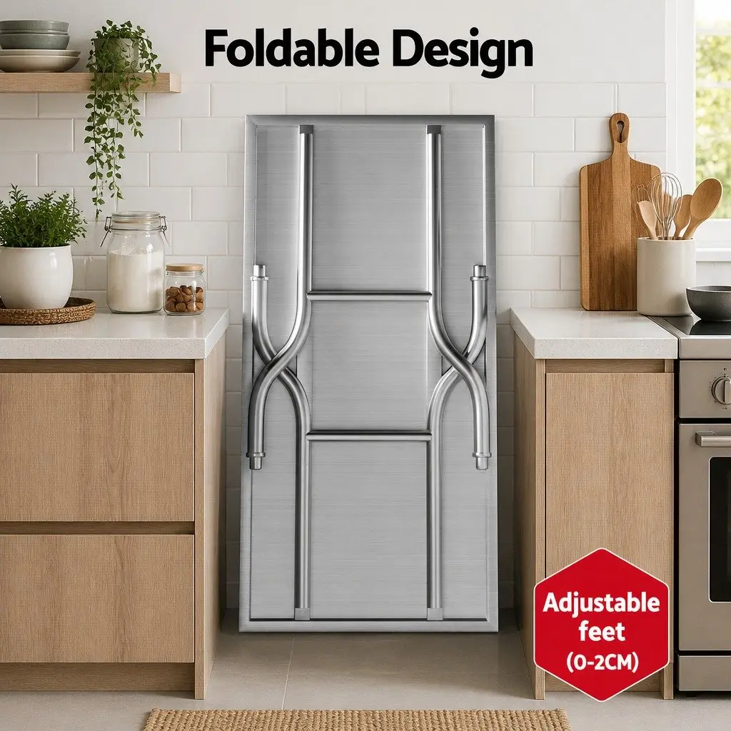 Stainless Steel Work Bench Food Prep Table Foldable Adjustable Feet Silver 122 x 61 x 89 cm
