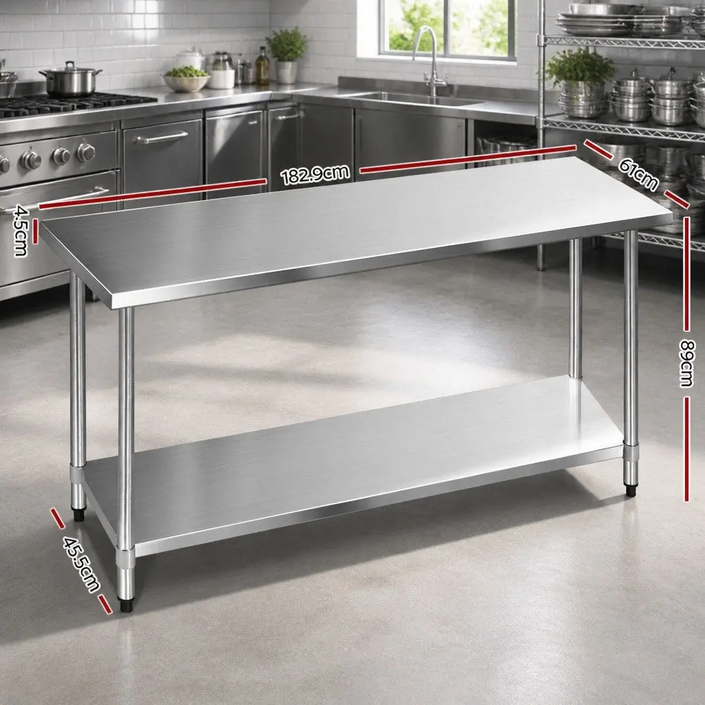 Stainless Steel Kitchen Work Bench Food Prep Table 1829x610mm Silver