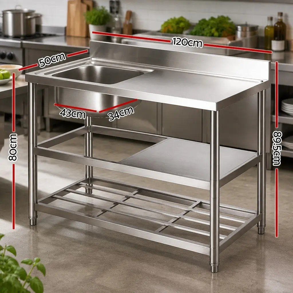 Stainless Steel Kitchen Work Table with Sink and Splashback 120cm Silver