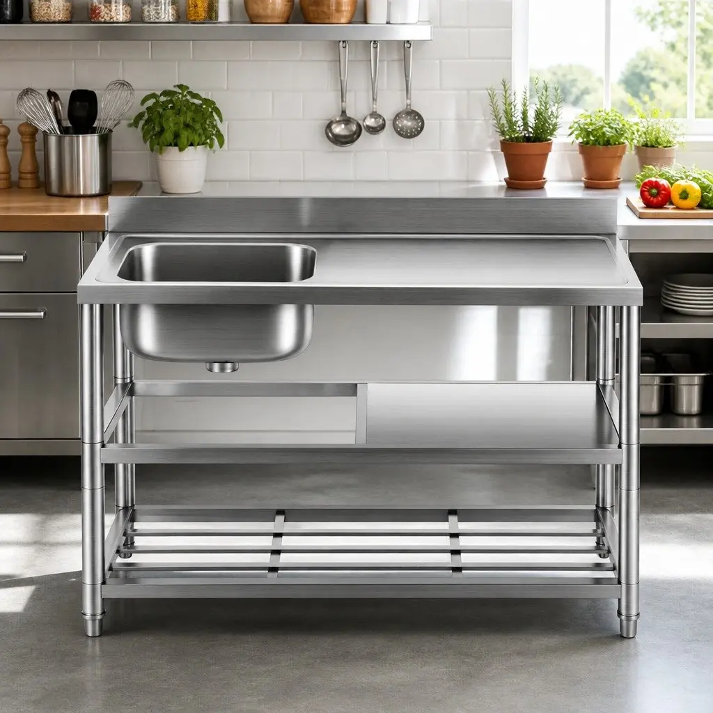 Stainless Steel Kitchen Work Table with Sink and Splashback 120cm Silver