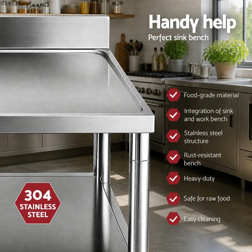 Stainless Steel Kitchen Work Table with Sink and Splashback 120cm Silver