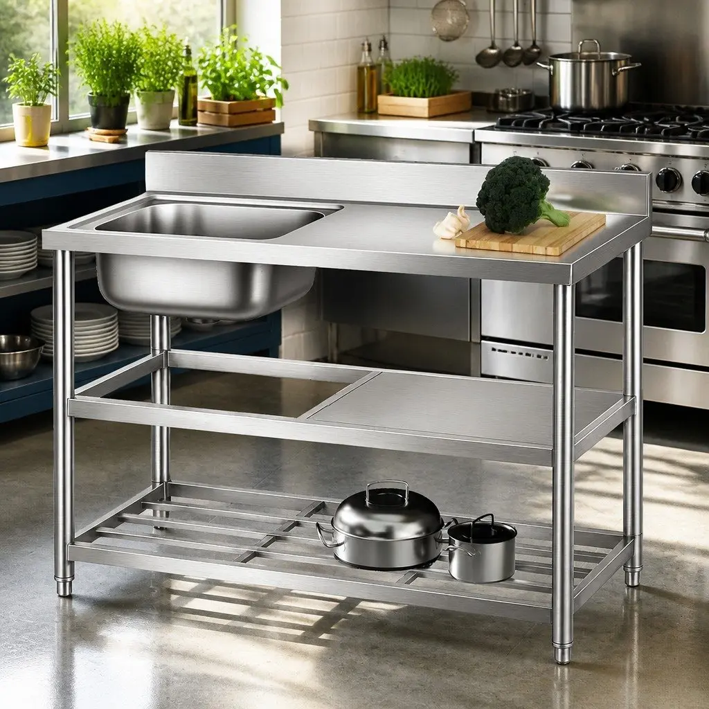 Stainless Steel Kitchen Work Table with Sink and Splashback 120cm Silver