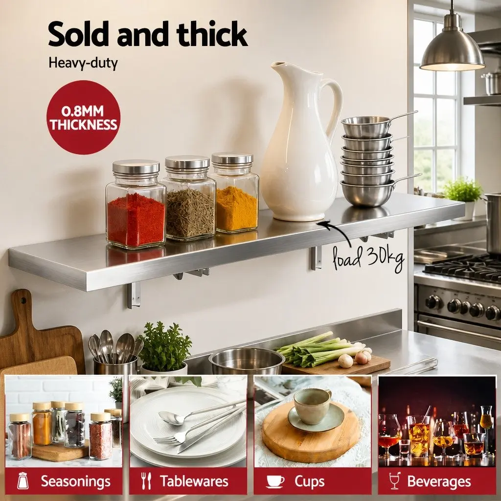 Wall Shelf Stainless Steel Kitchen Storage Rack 1200x300mm Silver