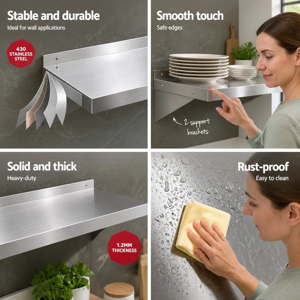 Stainless Steel Kitchen Wall Shelf Mounted Rack Storage 1200mm Silver