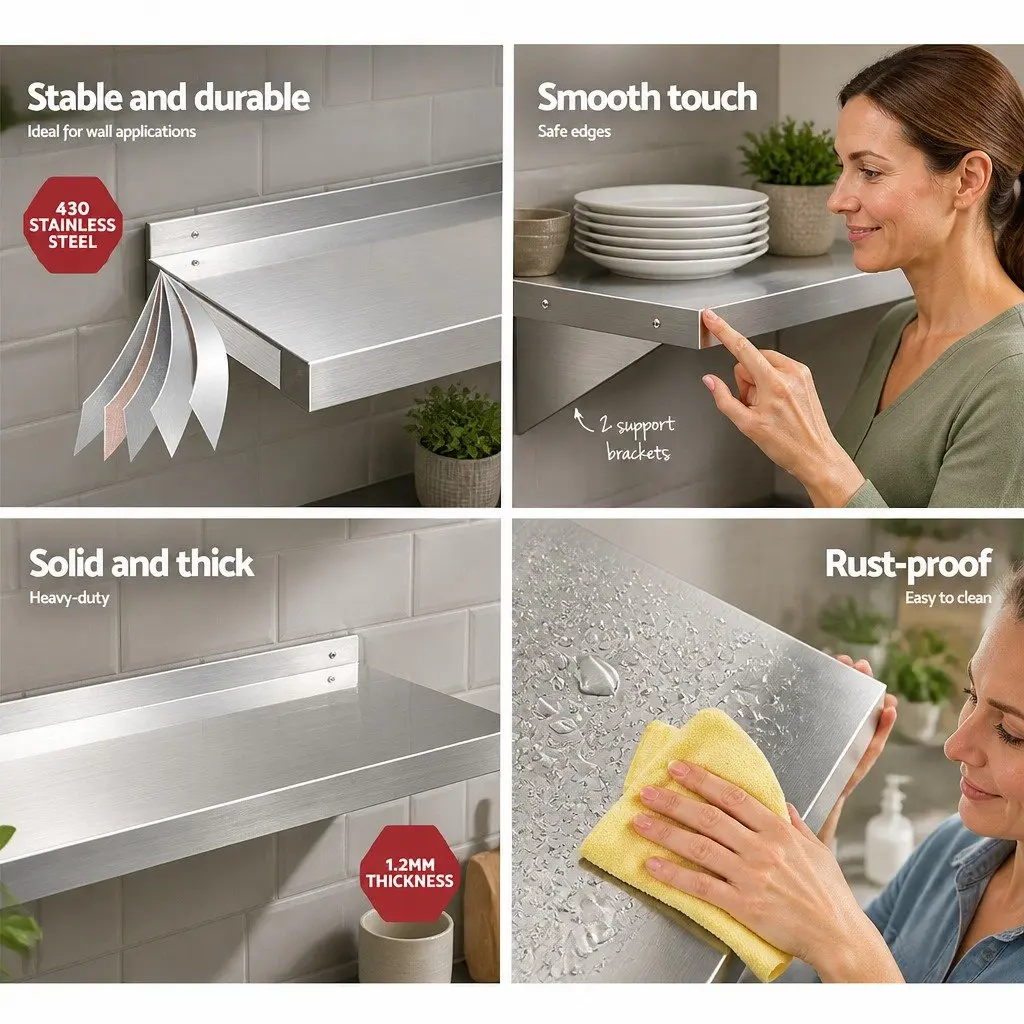 Wall Mounted Shelf Kitchen Storage Rack 1800mm Stainless Steel Silver