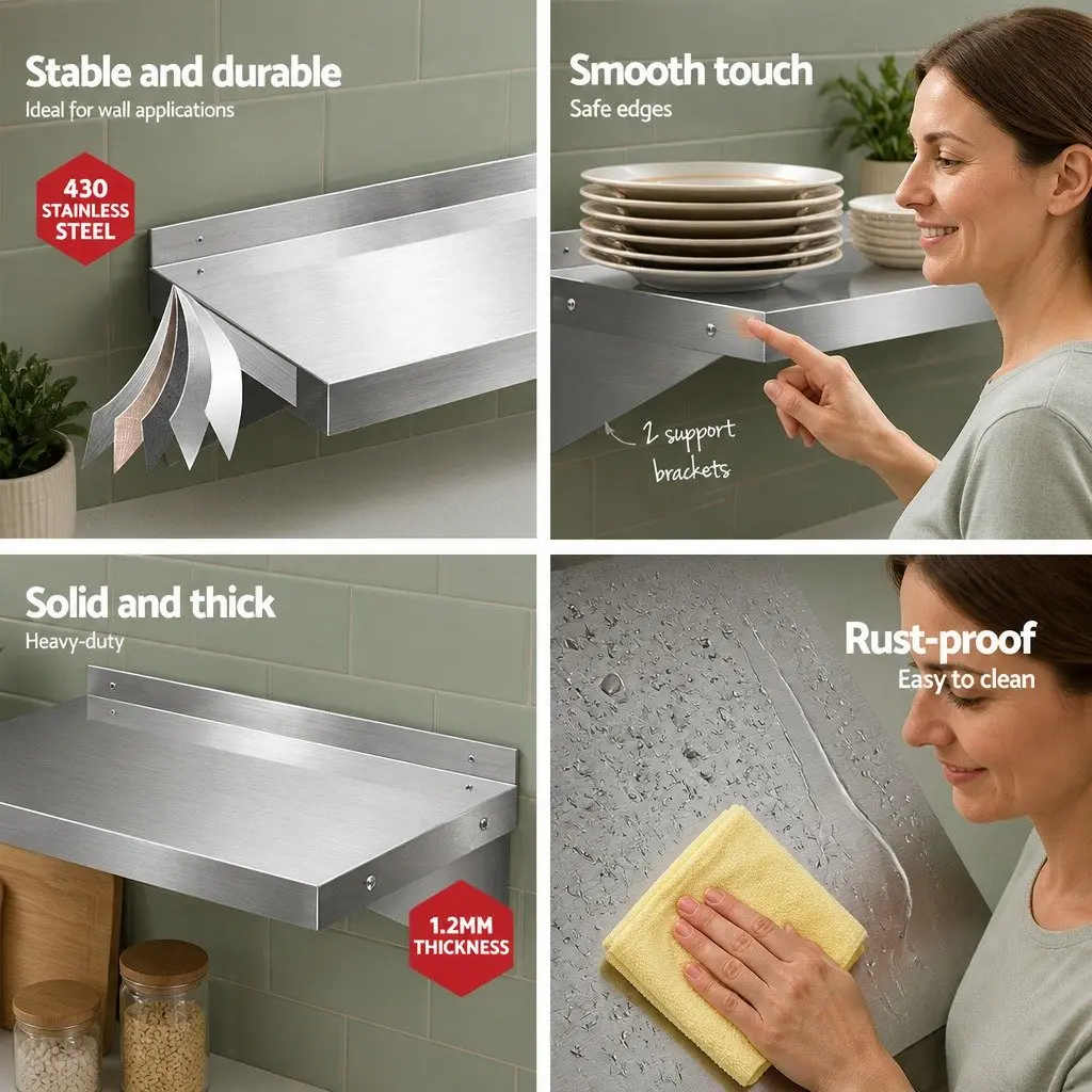 Stainless Steel Kitchen Wall Shelf Rack 900mm Storage Display Silver