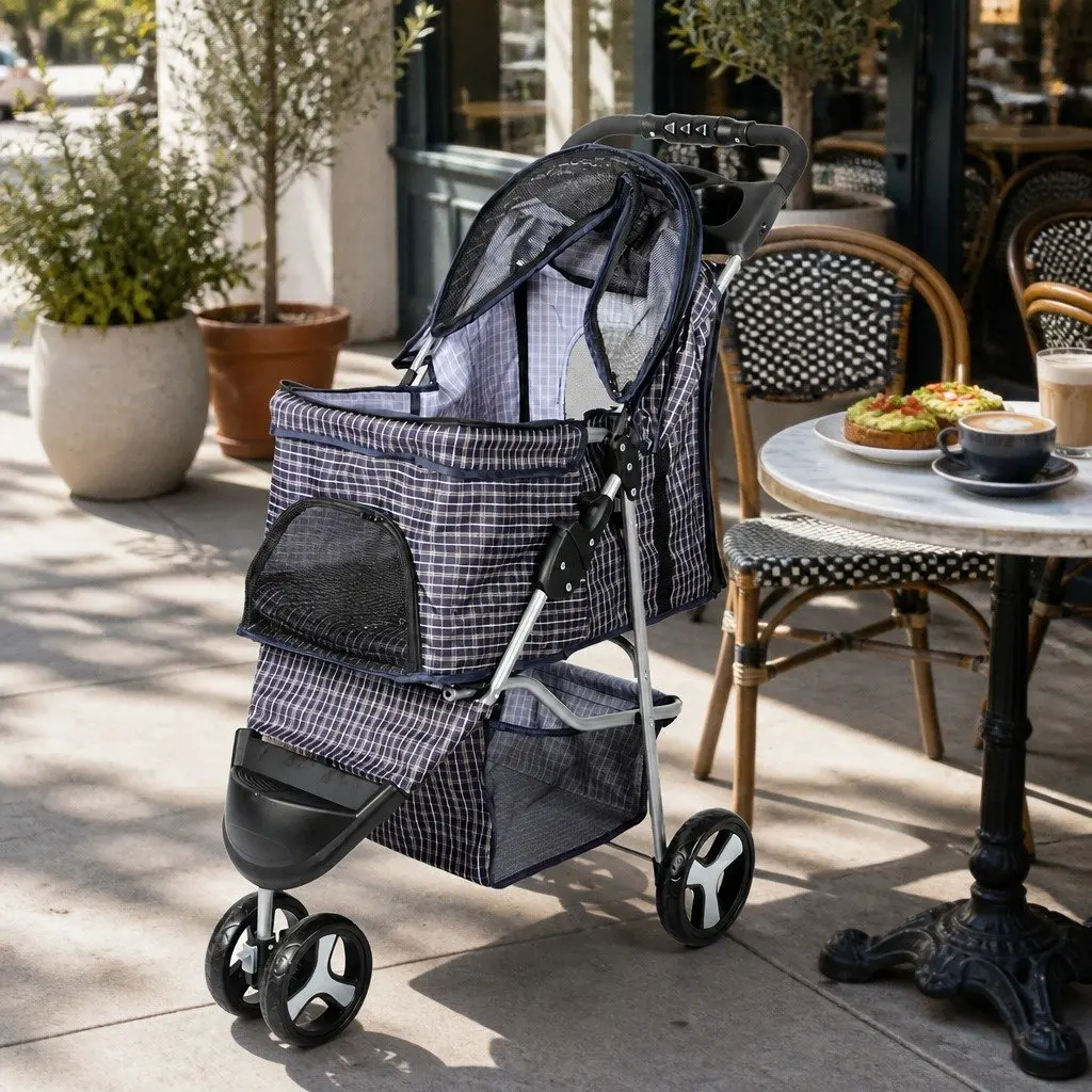 Pet Stroller Dog Cat Carrier Foldable Plaid One-Step Fold 36cm x 70cm x 130cm