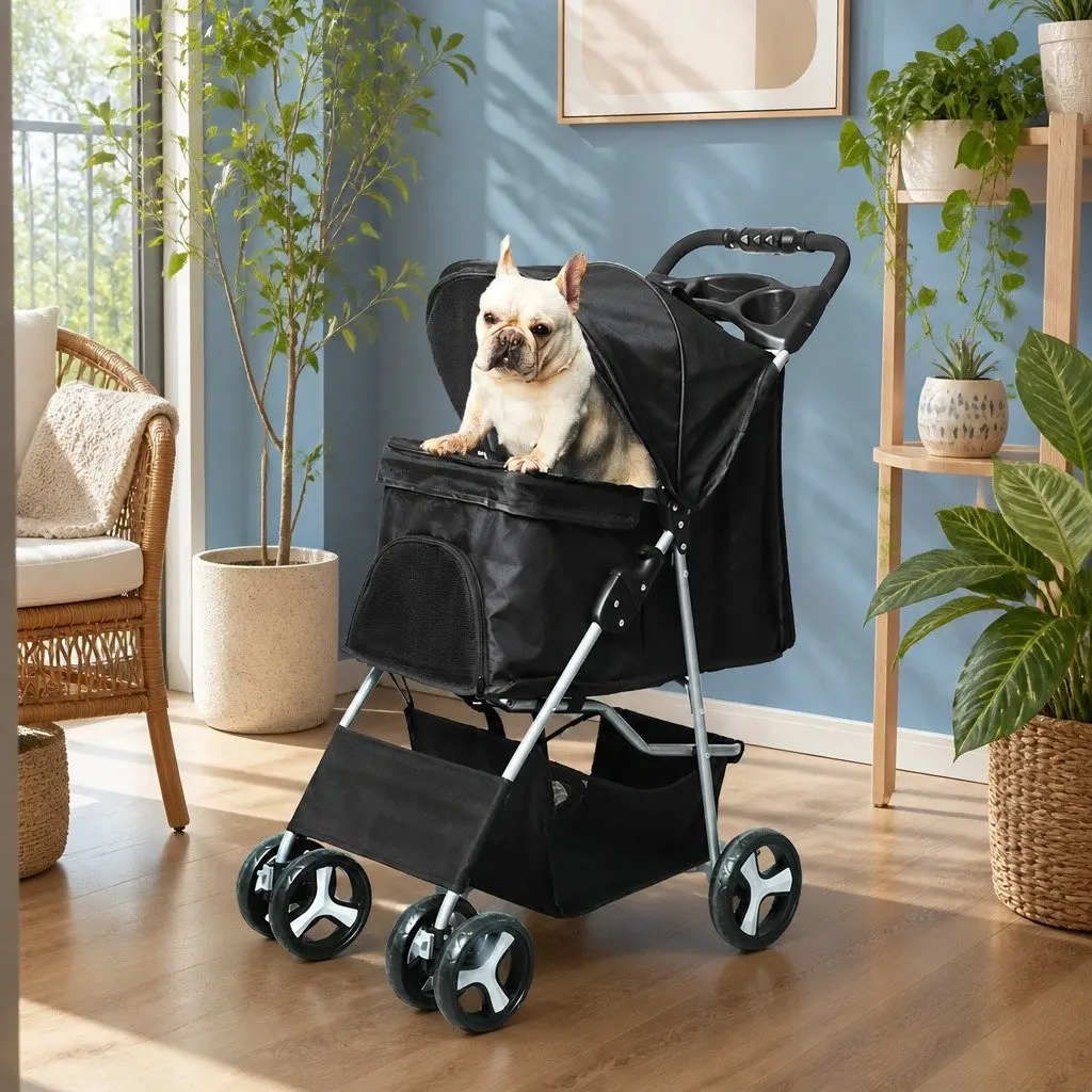 Pet Stroller Portable Travel Carrier Foldable 4 Wheels Black