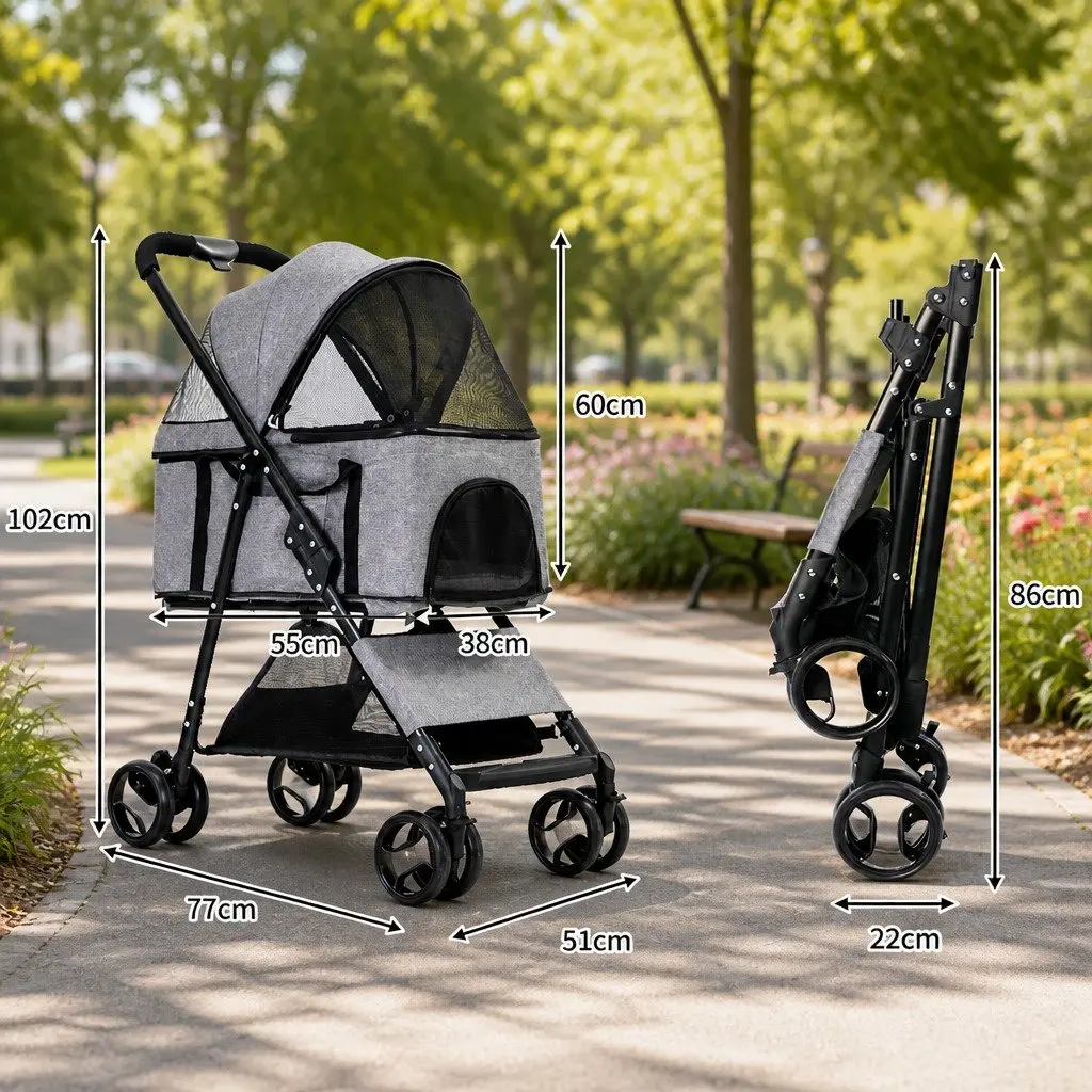 Pet Stroller Large Dog Cat Travel Carrier Foldable Grey 77cm x 51cm x 102cm