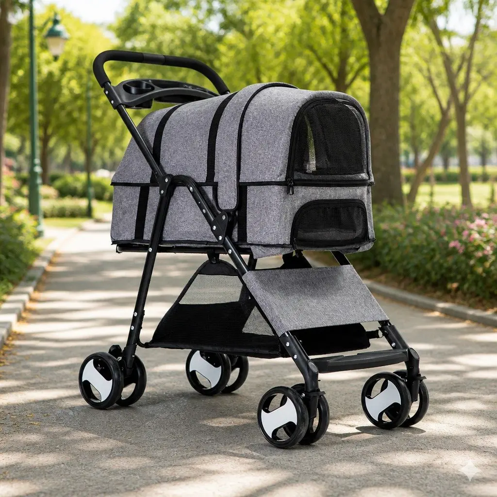 Pet Stroller Large Dog Cat Travel Carrier Foldable Grey 77cm x 51cm x 102cm