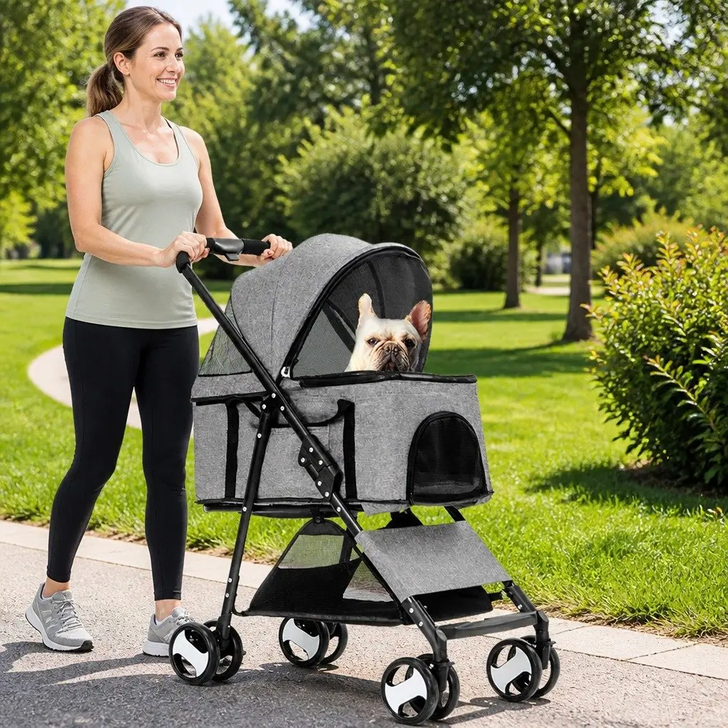 Pet Stroller Large Dog Cat Travel Carrier Foldable Grey 77cm x 51cm x 102cm