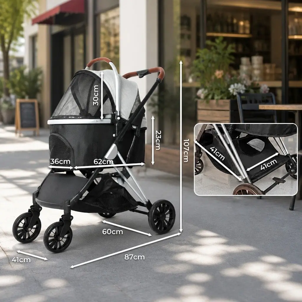 Pet Stroller 3 in 1 Carrier Foldable Grey Black