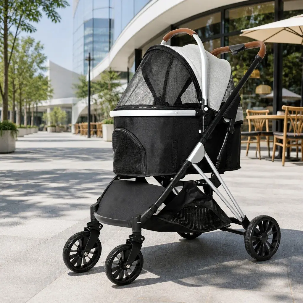 Pet Stroller 3 in 1 Carrier Foldable Grey Black