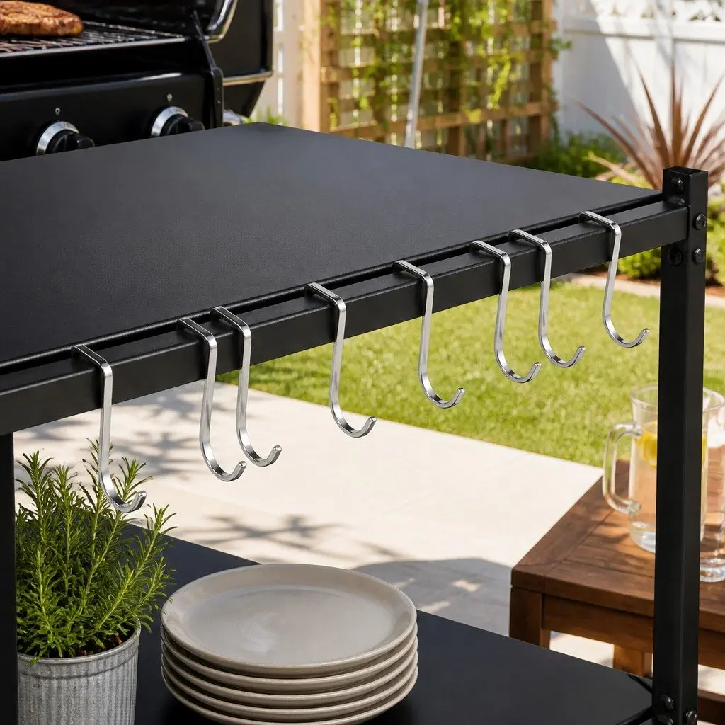 Outdoor Kitchen Cart BBQ Grill Serving Trolley 3 Tier Black