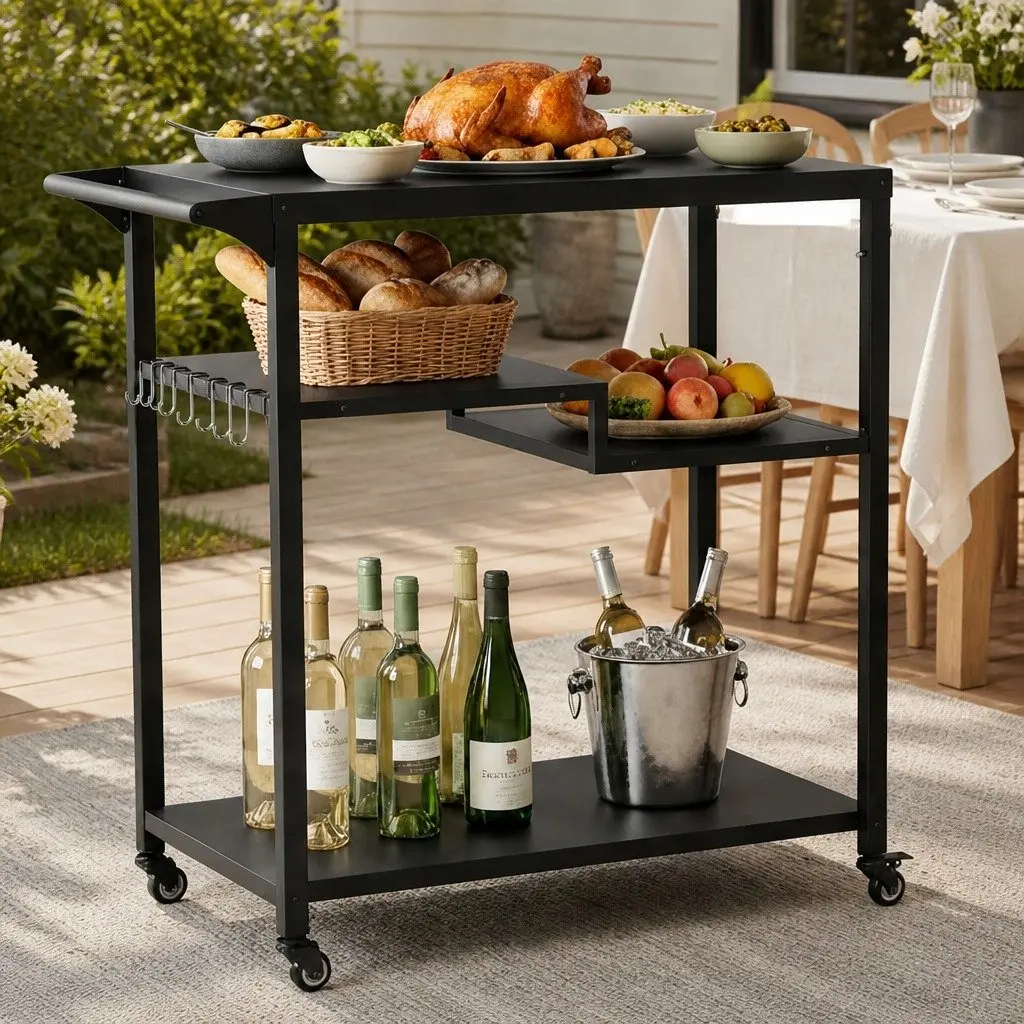 Outdoor Kitchen Cart BBQ Grill Serving Trolley 3 Tier Black