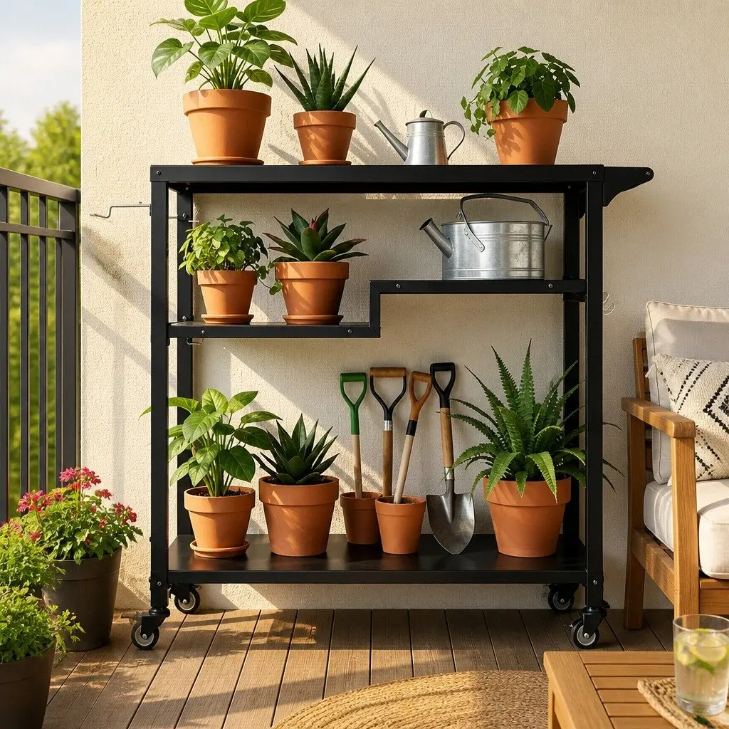 Outdoor Kitchen Cart BBQ Grill Serving Trolley 3 Tier Black