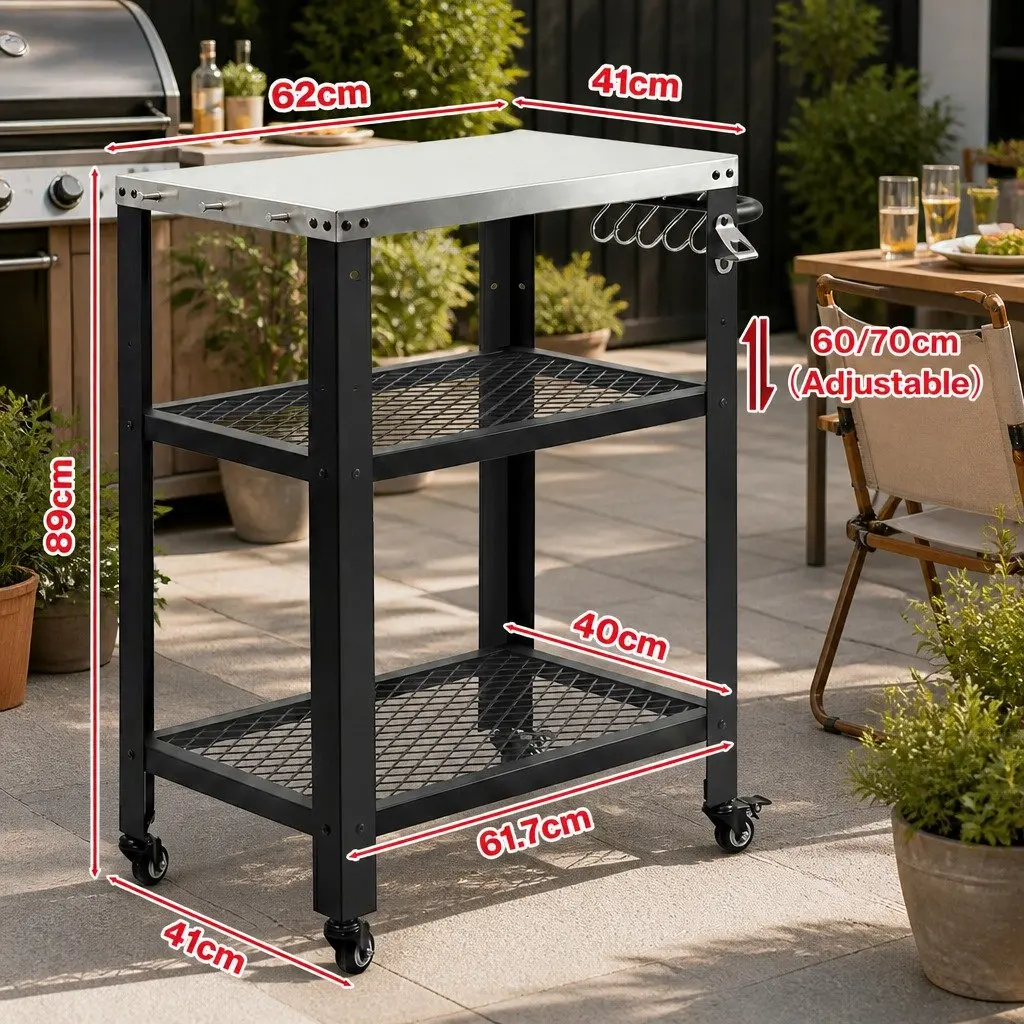 Outdoor Kitchen Cart BBQ Grill Trolley Stainless Steel Prep Table Black