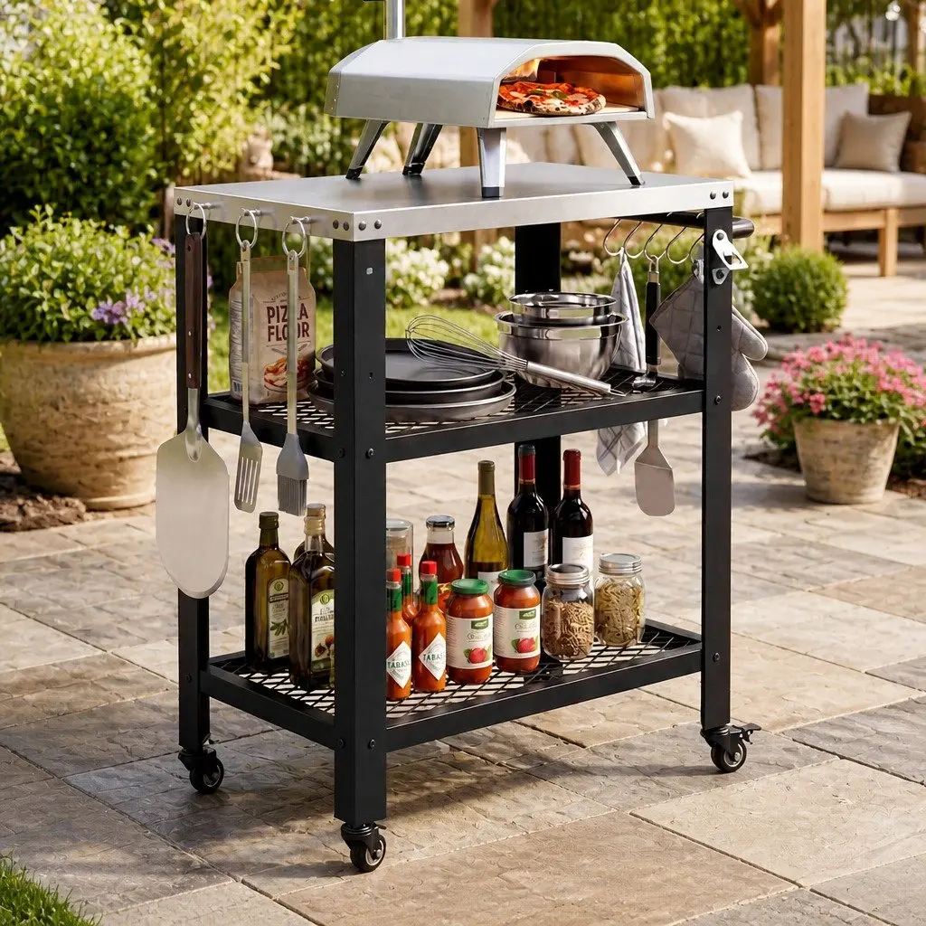 Outdoor Kitchen Cart BBQ Grill Trolley Stainless Steel Prep Table Black