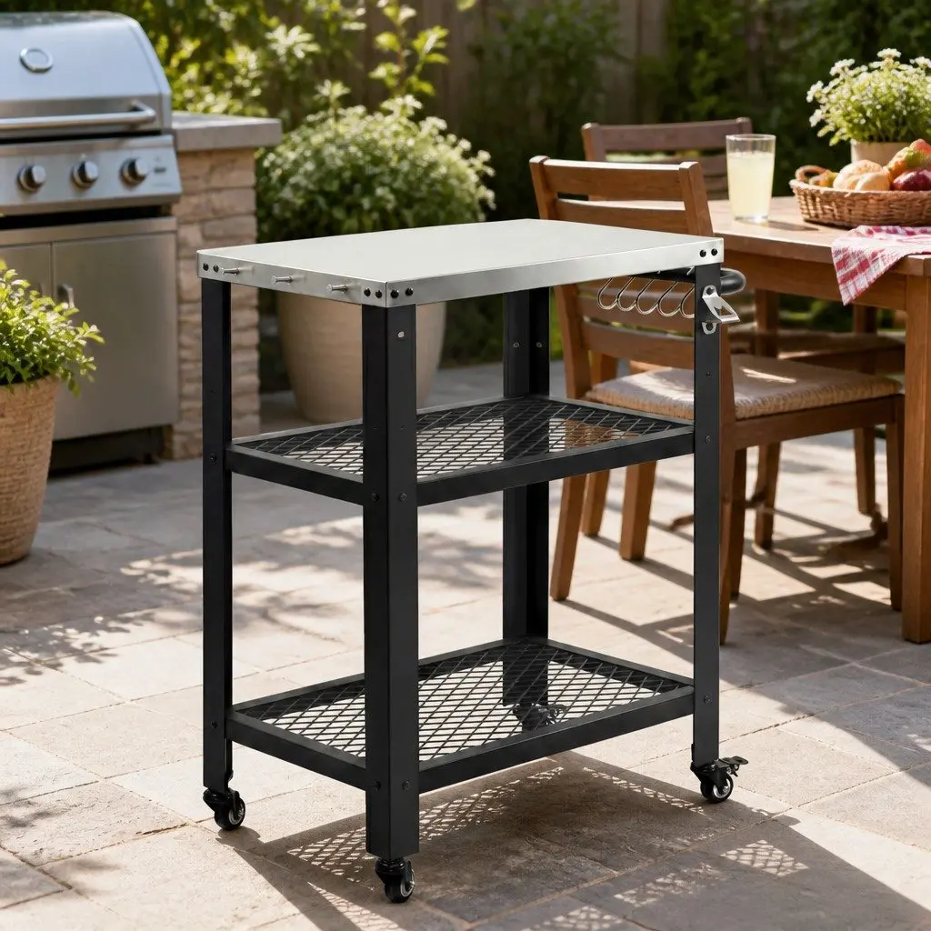Outdoor Kitchen Cart BBQ Grill Trolley Stainless Steel Prep Table Black