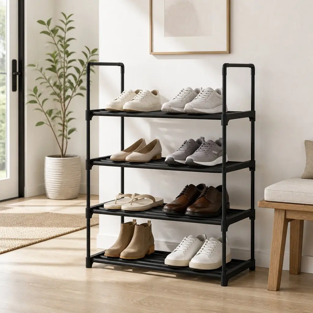 Shoe Rack 4-Tier Storage Organizer 12 Pairs Black Metal Frame