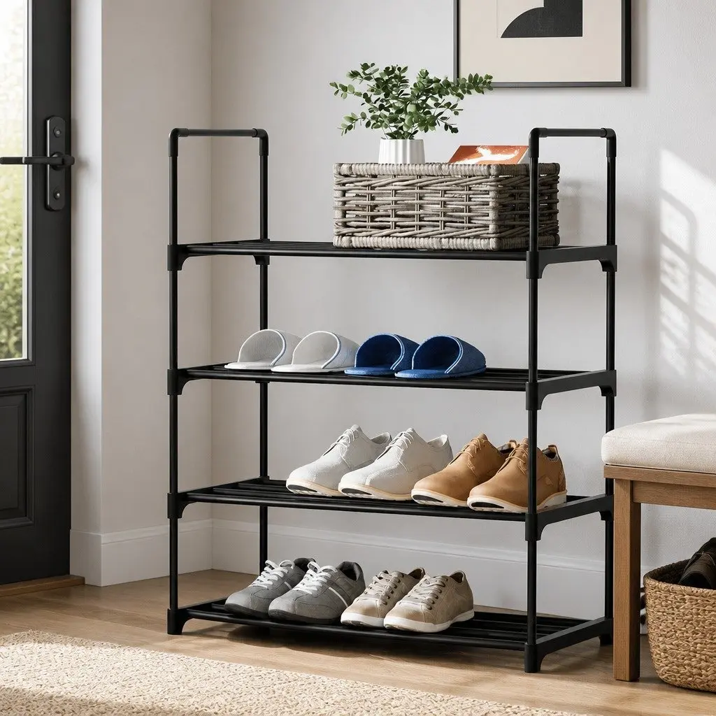 Shoe Rack 4-Tier Storage Organizer 12 Pairs Black Metal Frame