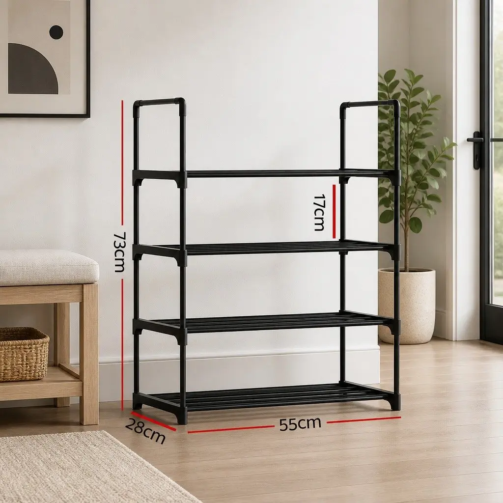 Shoe Rack 4-Tier Storage Organizer 12 Pairs Black Metal Frame