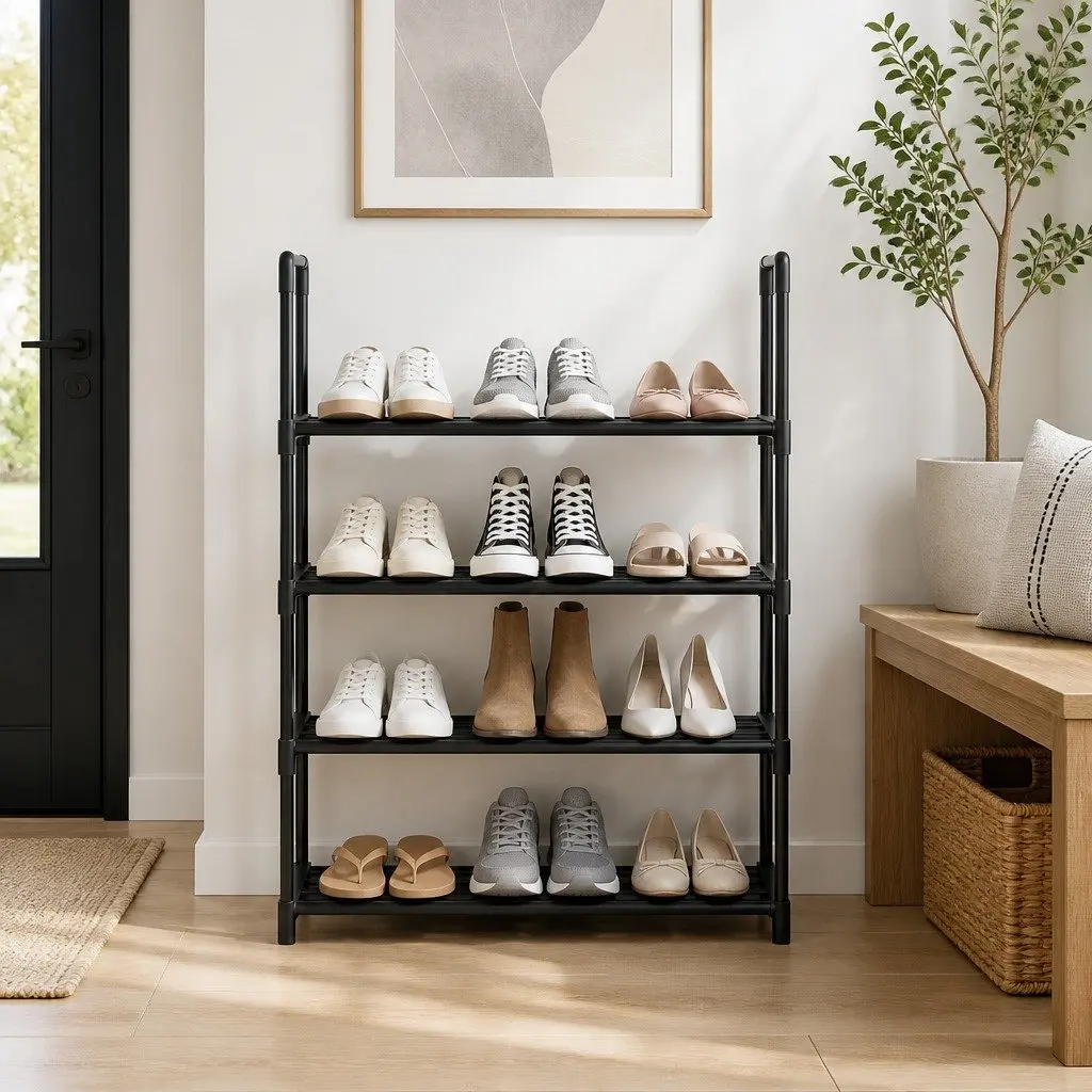 Shoe Rack 4-Tier Storage Organizer 12 Pairs Black Metal Frame