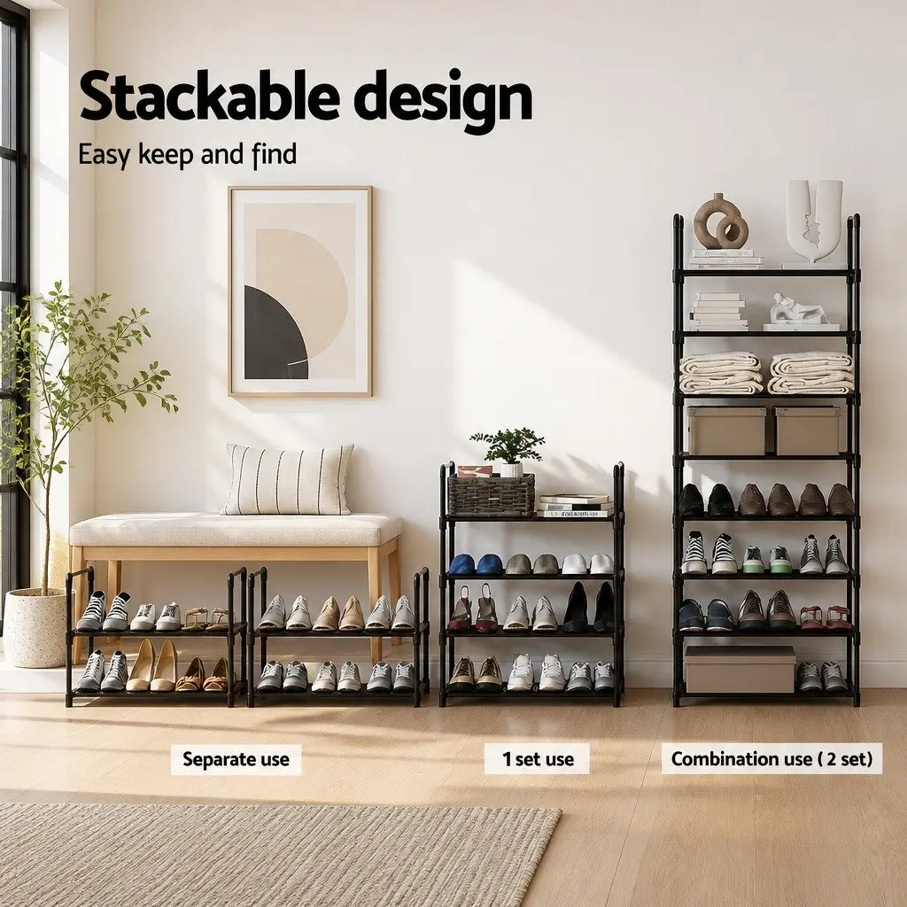 Shoe Rack 4-Tier Storage Organizer 12 Pairs Black Metal Frame