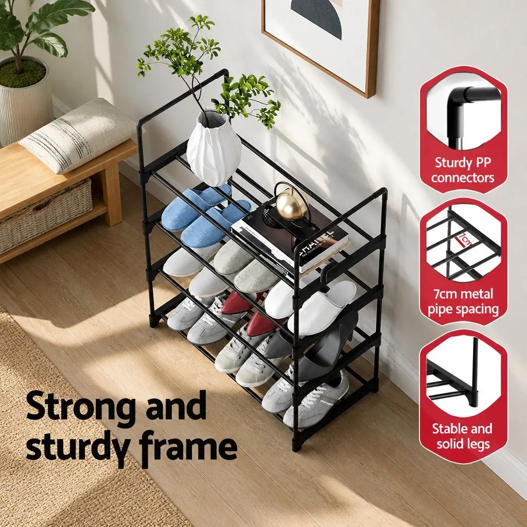 Shoe Rack 4-Tier Storage Organizer 12 Pairs Black Metal Frame