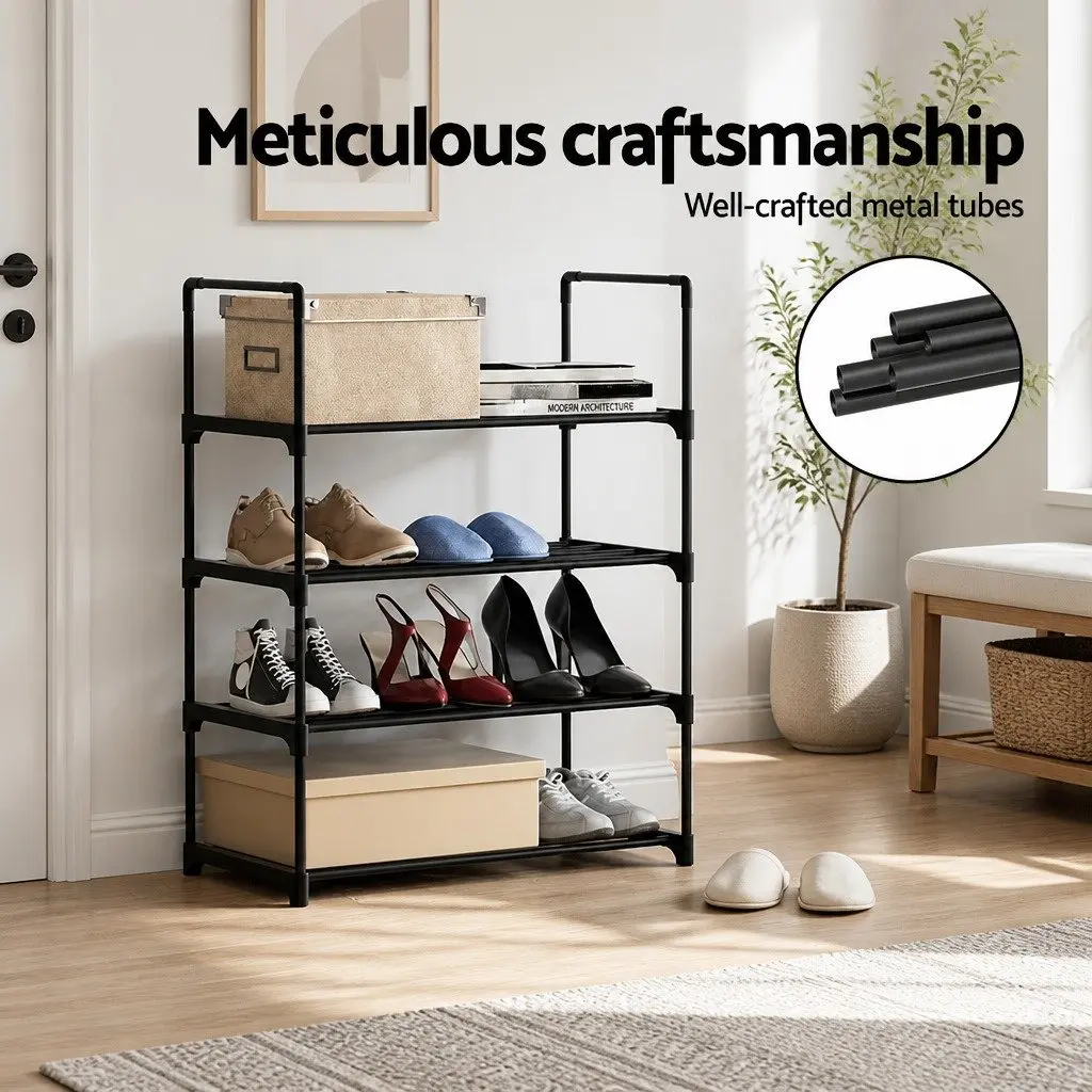 Shoe Rack 4-Tier Storage Organizer 12 Pairs Black Metal Frame