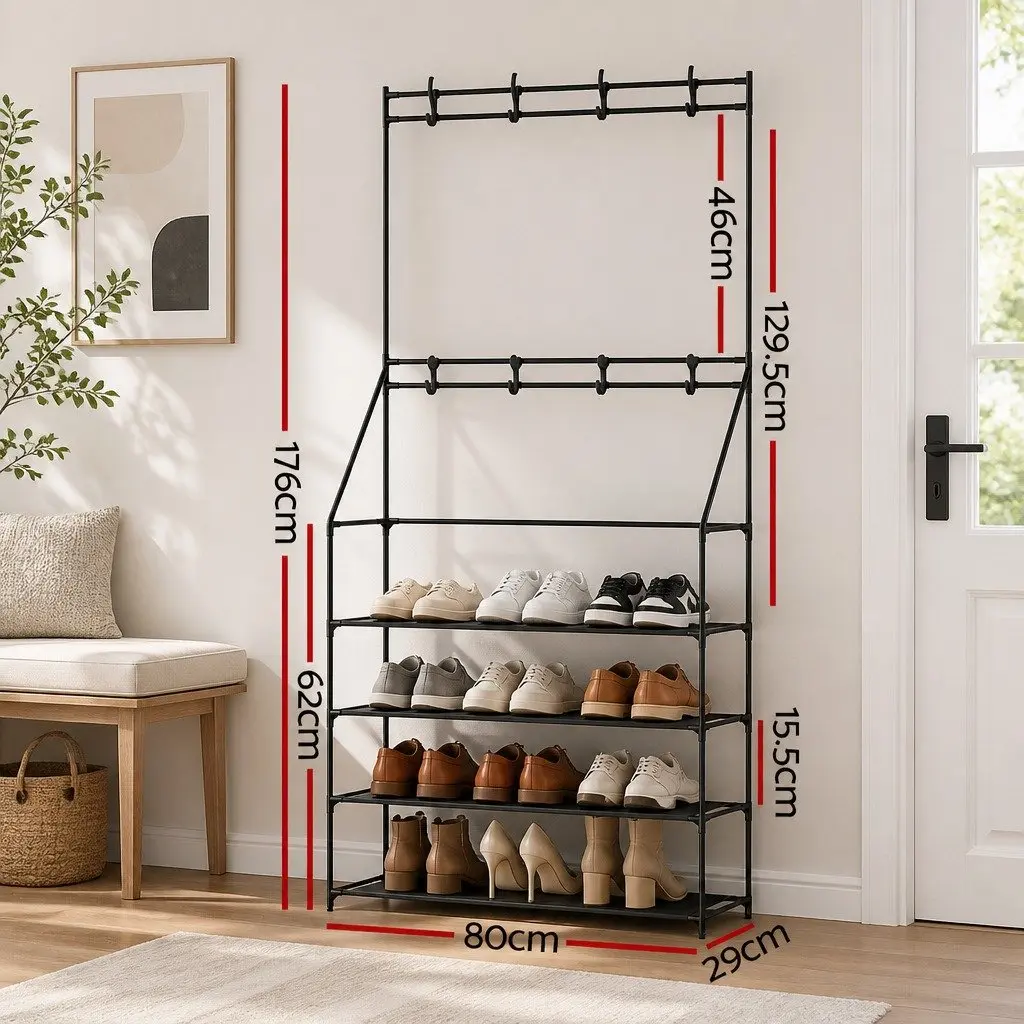 Shoe Rack Hall Tree Coat Hanger Storage Organiser Five-Tier Black