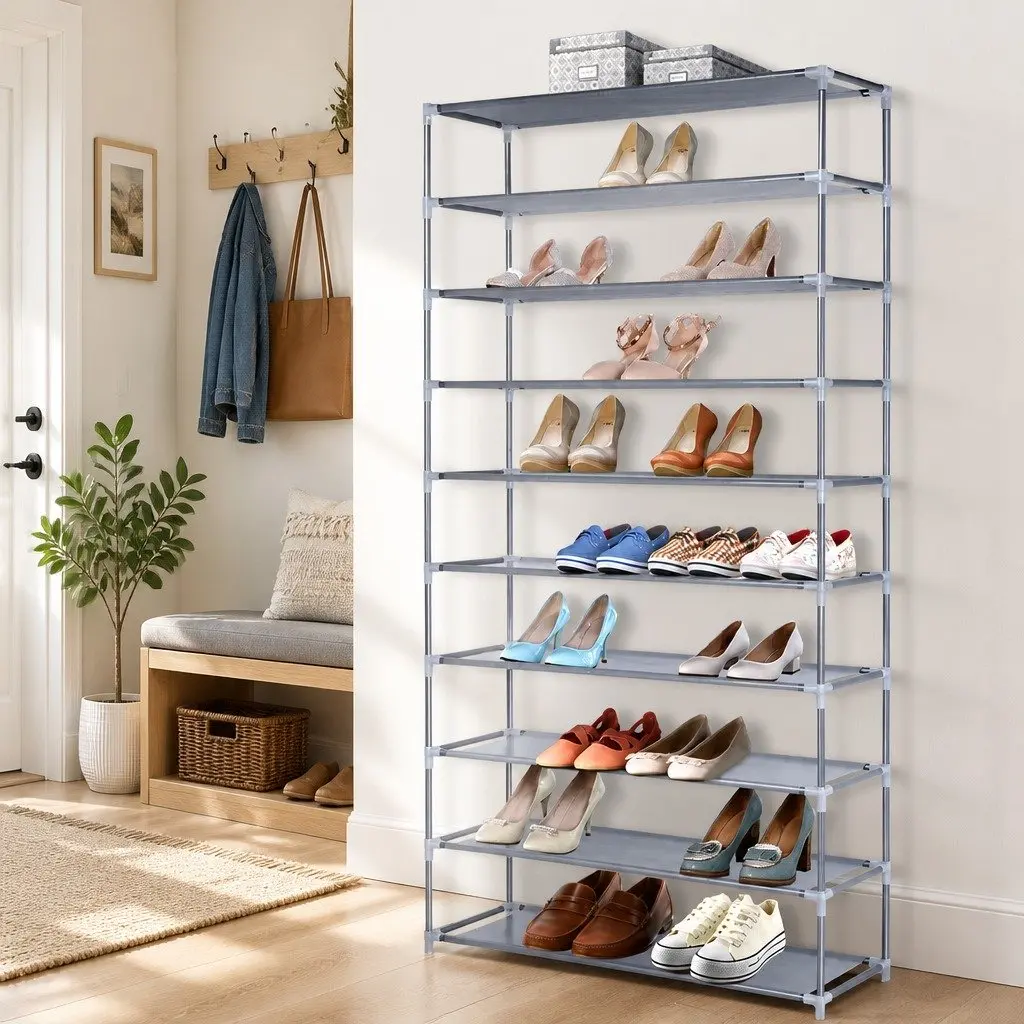 10-Tier Shoe Rack Storage Organizer Silver Metal Frame