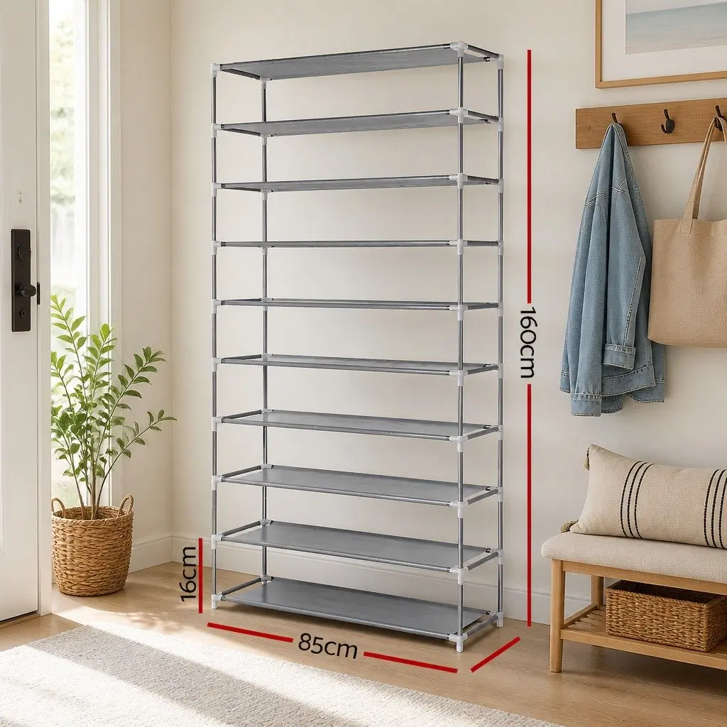 10-Tier Shoe Rack Storage Organizer Silver Metal Frame