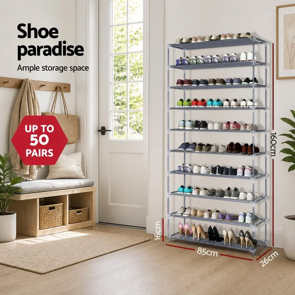 10-Tier Shoe Rack Storage Organizer Silver Metal Frame