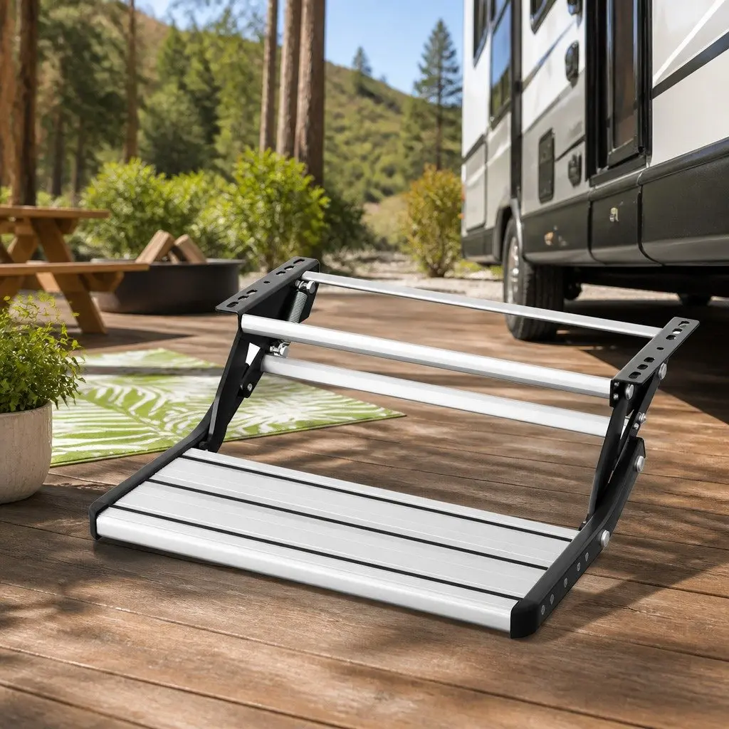 Folding Caravan Step Manual Entry Stair Non-Slip Aluminium 200kg Capacity Silver or Black