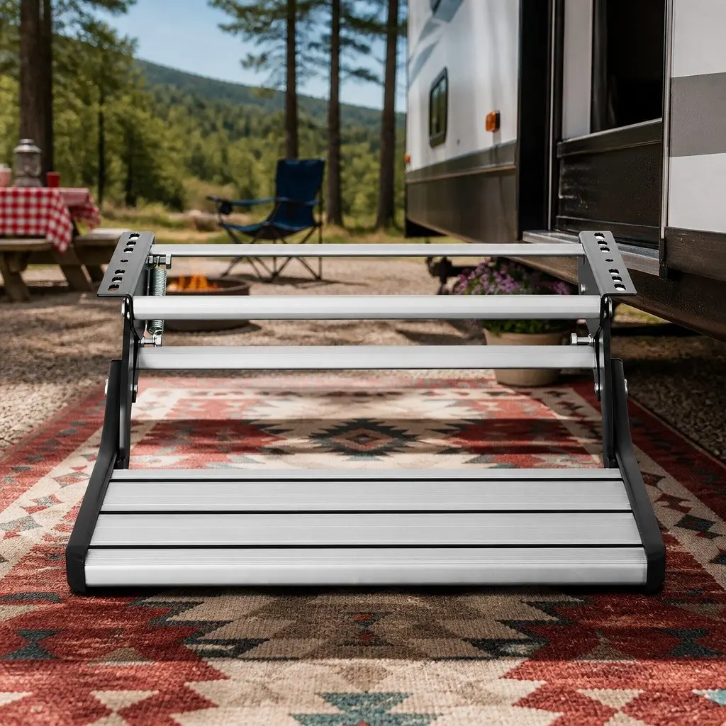Folding Caravan Step Manual Entry Stair Non-Slip Aluminium 200kg Capacity Silver or Black