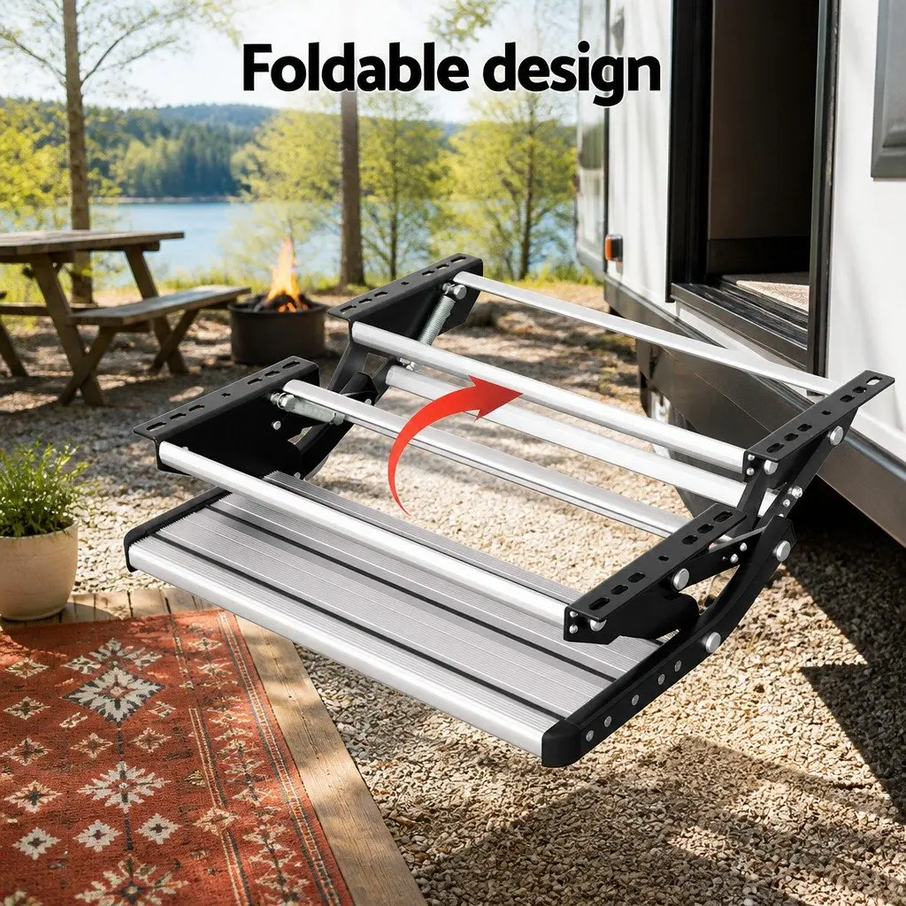 Folding Caravan Step Manual Entry Stair Non-Slip Aluminium 200kg Capacity Silver or Black