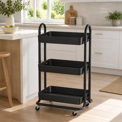 Storage Trolley 3 Tier Kitchen Cart Rack Shelf Organiser with Wheels Black