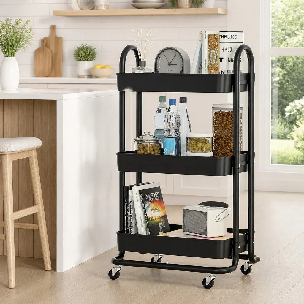 Storage Trolley Kitchen Cart 3 Tier Organiser Black